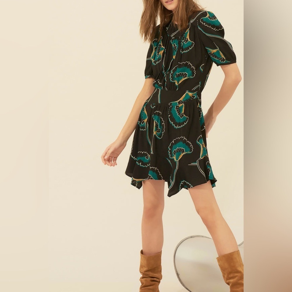Ba&sh Green Black Mini Dress Leo‎ A Line Noir Size 8 2 M LEO Short Sleeve Party